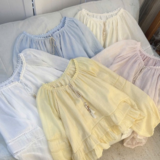 Áo Kiểu Babydoll Nữ Tay Dài Tay Phồng Cổ V Rút Dây Phối Ren Bèo Nhún Form Rộng Hàn Quốc