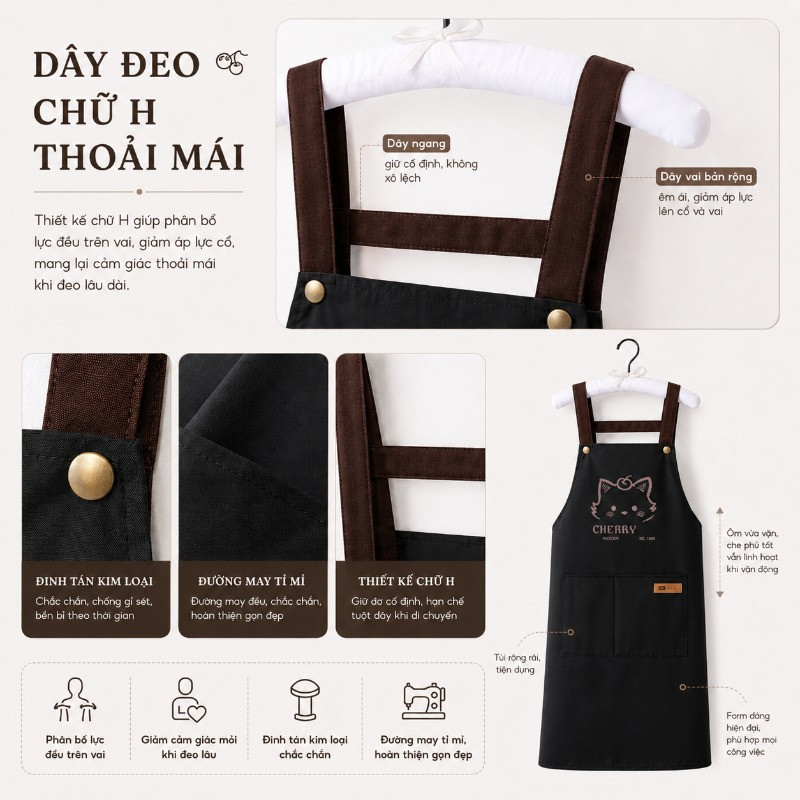 Tạp dề nhà bếp unisex chống nước, chống dầu hiệu quả, in mèo hoạt hình dùng cho gia đình