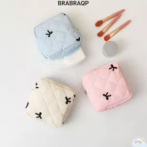 Túi sắp xếp khăn ăn vệ sinh BRABRAA, Túi trang điểm nhỏ nơ Cotton, Móc khóa bánh bông có móc khóa tai nghe Ví đựng tiền xu