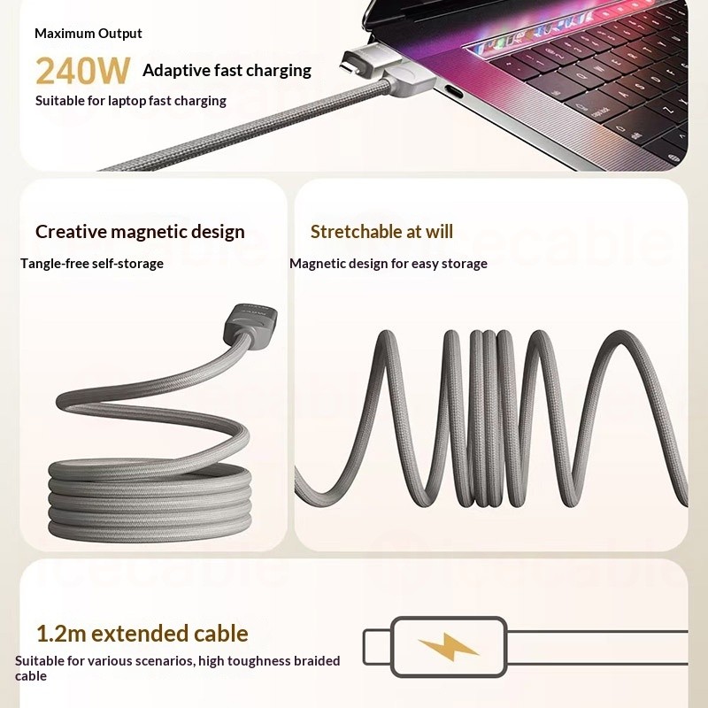 Cáp dữ liệu từ tính 4 trong 1 USB / Type C sang Type C / IOS PD240W Cáp dữ liệu dệt Nylon siêu nhanh Cáp dữ liệu từ tính có thể đảo ngược cho iOS / Android