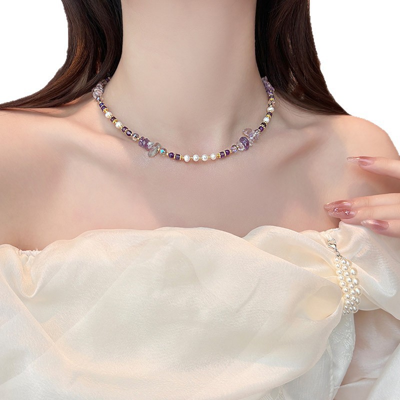 Vòng cổ pha lê tím ngọc trai sang trọng nhẹ nhàng