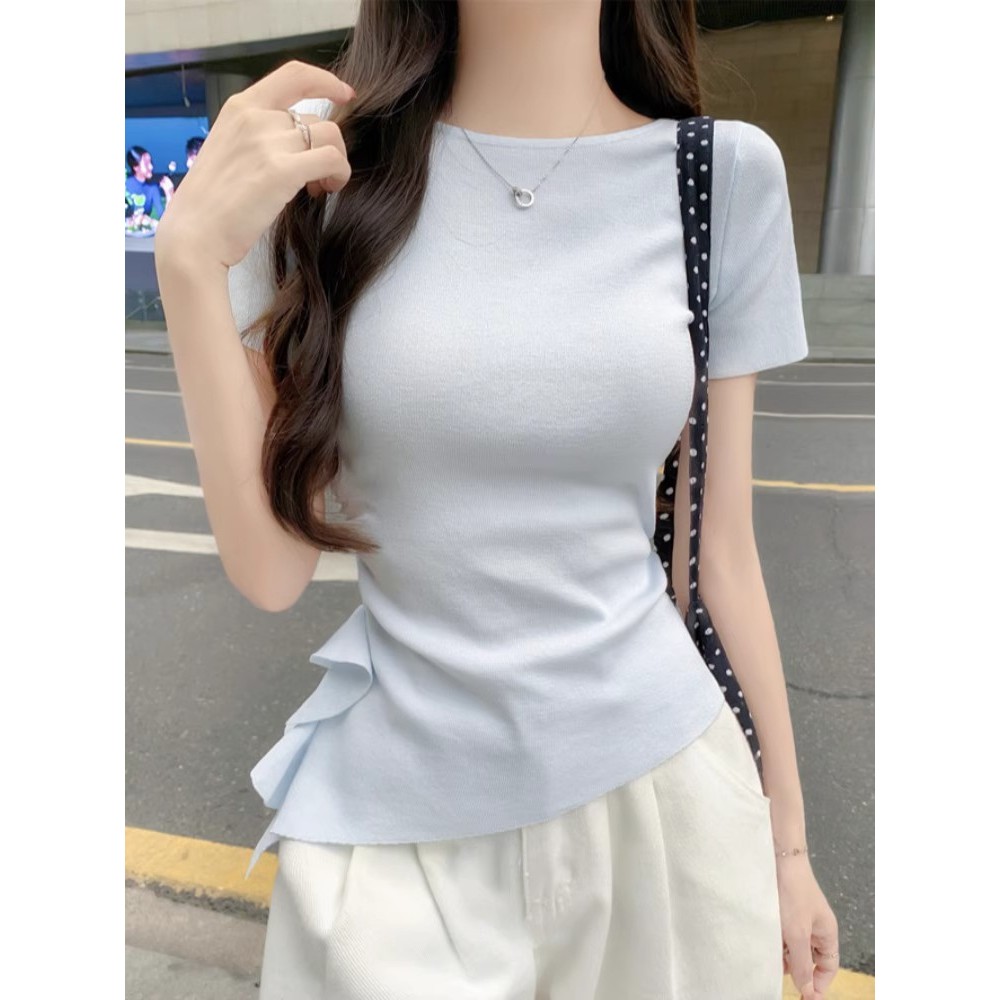 SUXI Áo thun dệt kim ngắn tay màu trơn nhẹ nhàng dành cho nữ mùa hè mới 260603
