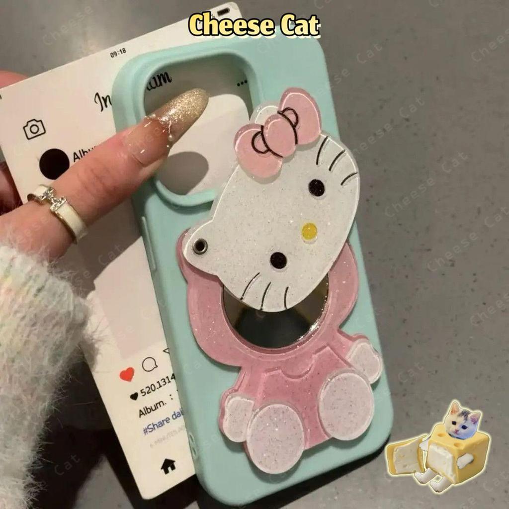 Gương trang điểm trượt Kitty + Ốp điện thoại phủ đá cuội cho iPhone 11 12 13 14 15 16 17 Pro Max 7 Plus Xs Max XR