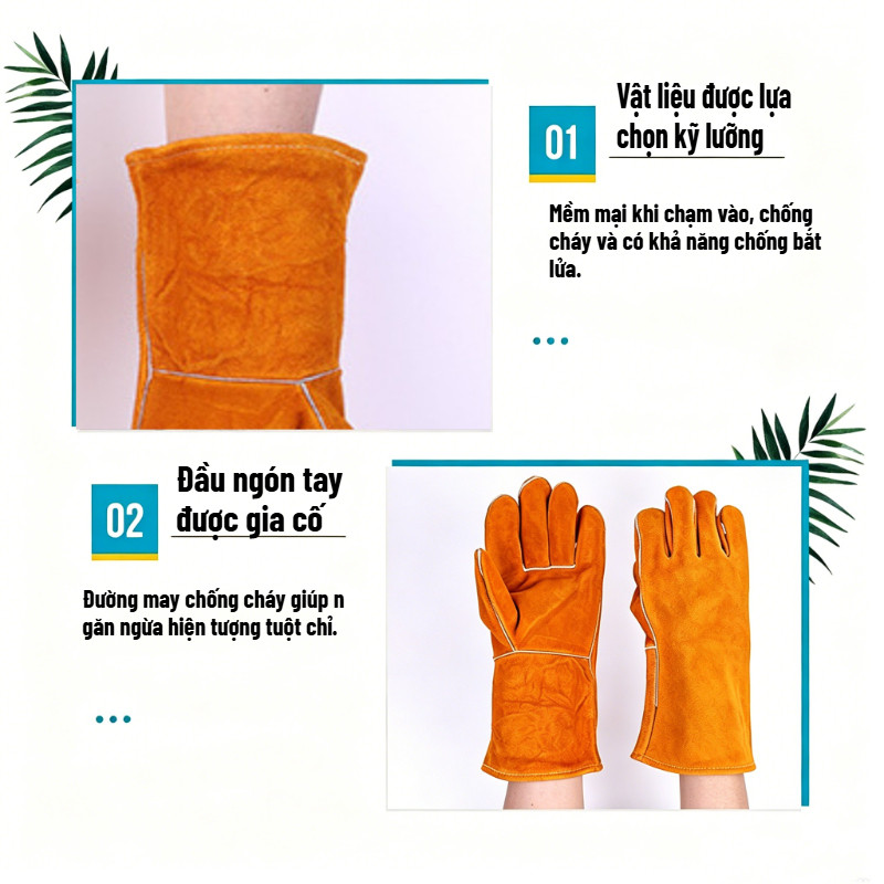 Găng tay hàn dài, da bò dày hai lớp, cách nhiệt và chống bỏng, chống mài mòn và chống trơn trượt, chống cháy, chịu nhiệt