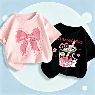 Áo Thun Bông Bé Gái In Nơ Thỏ Dâu Cute, Áo Ngắn Tay Hè COD