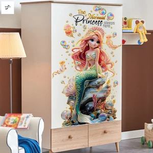 Nhãn dán tường nàng tiên cá hoạt hình - Decal vàng bong bóng thế giới dưới nước cho trang trí phòng trẻ em