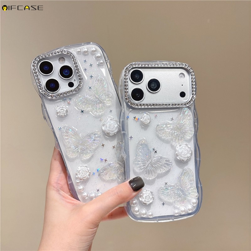 Ốp lưng 3D stereo cho OPPO Reno 15F 15 14 13 K14 K14X K13X K12X Find X8 Ultra Pro X8S, thiết kế bướm hoa hồng ngọc trai, viền sáng bóng