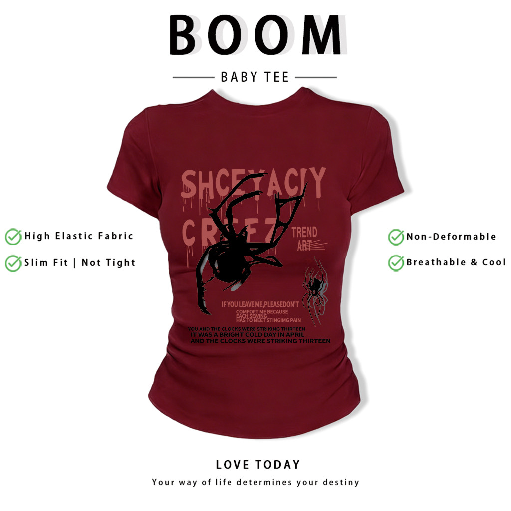 BOOM Áo Baby Tee Nữ Cotton Ôm Body-Áo Thun Ngắn Tay Y2K In Hình PhongCách Mùa Hè, Cổ Tròn Hàng Đầucách hàn quốc phong112