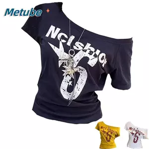 Áo đeo vai METUBE, Áo ngắn tay in chữ Y2k, Áo Crop top cổ xiên cơ thể gợi cảm Trang phục mùa hè