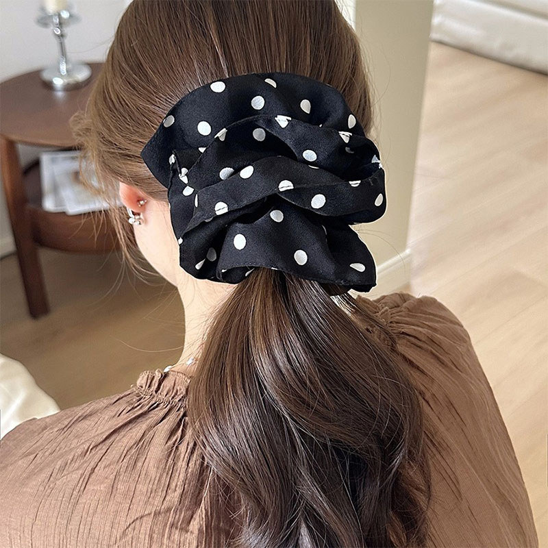 Cà vạt Satin chấm bi đen trắng cổ điển, Dây buộc tóc lớn mềm mại cho kiểu tóc hàng ngày thanh lịch
