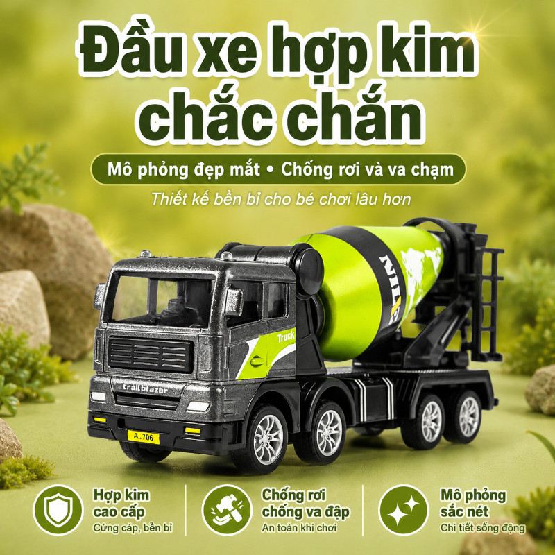 Đồ Chơi Mô Hình Xe Công Trình Hợp Kim Và Nhựa An Toàn – Máy Xúc, Xe Cẩu, Xe Trộn Bê Tông, Quà Tặng Cho Bé Trai