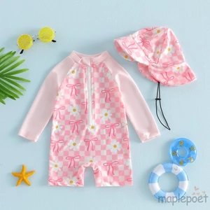 MAPLEPOET-Toddler Đồ Bơi Bé Gái Nơ Hoa Kẻ Sọc In Rash Guard Bộ Đồ Tắm Có Mũ