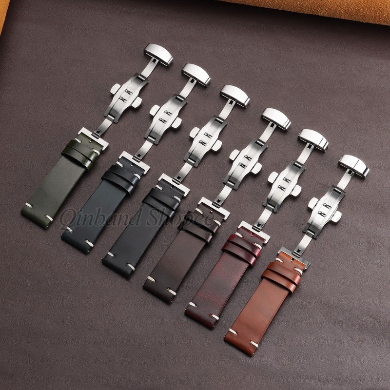 Bướm Khóa - Vintage Sáp Dầu Da Thật Dây Đeo Đồng Hồ 18mm 20mm 22mm Phát Hành Nhanh Dây Đồng Hồ Thay Đổi Màu Sắc Kinh Doanh Vòng Tay Da Bò Cho Nam Nữ