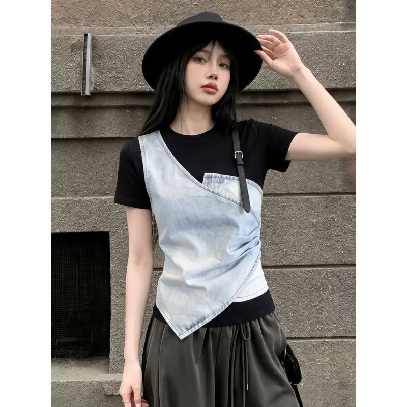 [Khuyến mãi trong thời gian có hạn] Áo thun Denim hai mảnh giả thiết kế cảm giác sang trọng ngắn hàng đầu dành cho nữ
