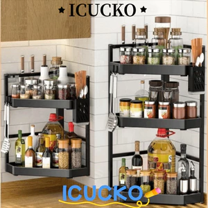 Giá đựng đồ gia vị ICUCKO, Giá đỡ góc 2 / 3 lớp, Hộ gia đình có móc Giá đựng đồ bằng thép Carbon Dụng cụ sắp xếp nhà bếp