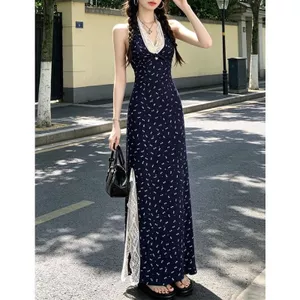 Váy ren cổ chữ v Yujie Style Slimer Look Giant Look Chic Váy dài