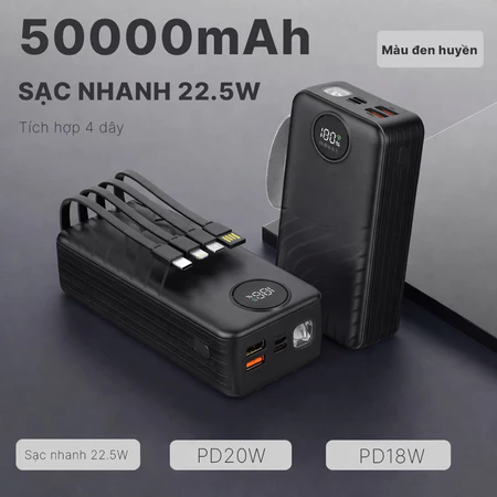 Sạc Dự Phòng 50000mAh Sạc Nhanh 2 Chiều PD20W Tích Hợp Sẵn 4 Cáp Sạc Pin Dự Phòng Đa Năng Có Đèn Pin Chuẩn 3C Tiện Lợi