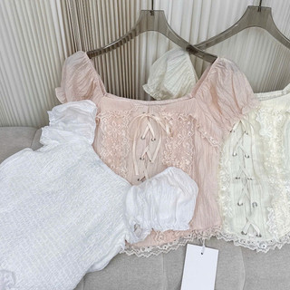 Áo Kiểu Nữ Tay Phồng Phối Ren Buộc Dây Croptop Ôm Dáng Phong Cách Hàn Quốc Ngọt Ngào