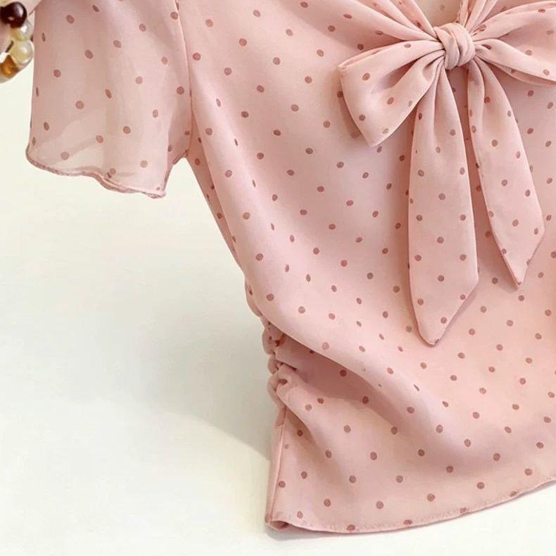 [Seckill trong thời gian có hạn] Phong cách dịu dàng Retro Chấm Bi Nơ Tay Ngắn Nữ Mùa Hè Phong Cách Mới Cổ Chữ V Pháp Tính Khí Giảm Tuổi