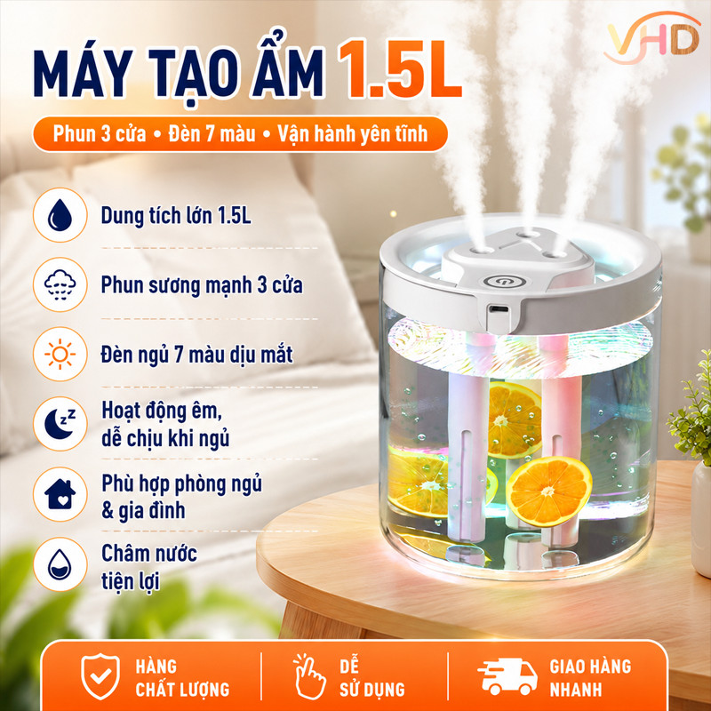 Máy Tạo Ẩm 1.5L – Phun 3 Cửa, Đèn 7 Màu, Vận Hành Yên Tĩnh – Cho Phòng Ngủ & Gia Đình, Không Khí Dễ Chịu