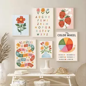 Bảng Chữ Cái Hoa Giáo Dục Áp Phích Không Khung Tranh Canvas Bắc Âu Trang Trí Phòng Trẻ Em
