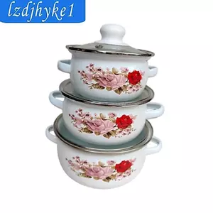 Nồi súp tráng men 3 món có nắp, Bộ Mini tráng men, cổ điển, có tay cầm, Nồi súp đáy phẳng, Nồi nấu cho gia đình, nhà hàng