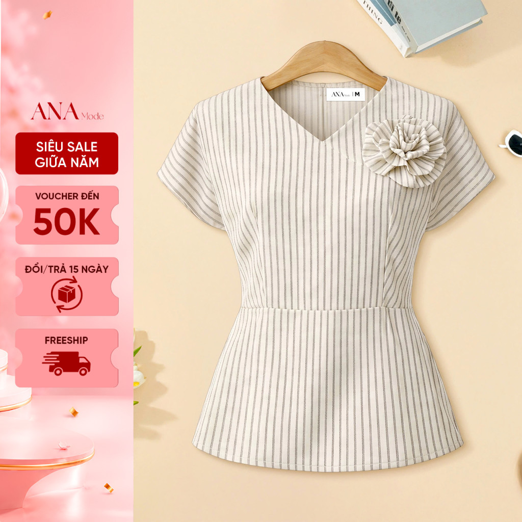 Áo Kiểu Peplum Trung Niên ANA Mode Chất Liệu Linen sọc Trang Nhã Đi Tiệc Quà Tặng Mẹ AK25VHI09
