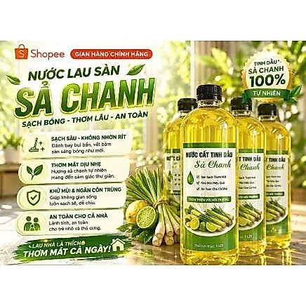 Combo 3 Chai Nước Lau Sàn Tinh Dầu Sả Chanh 1L – Khử Mùi, Diệt Khuẩn, Thơm Lâu, An Toàn Cho Gia Đình
