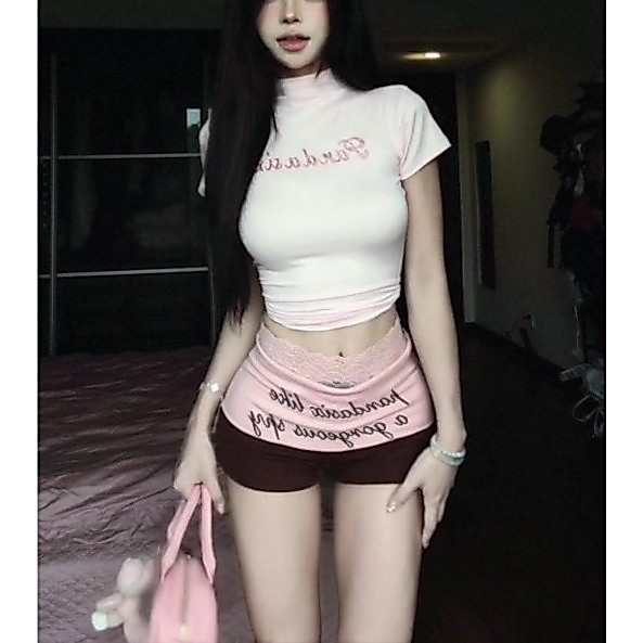 phong cách ham muốn thuần khiết hot girl ren nối in chữ thiết kế thích hợp thời trang quần sh