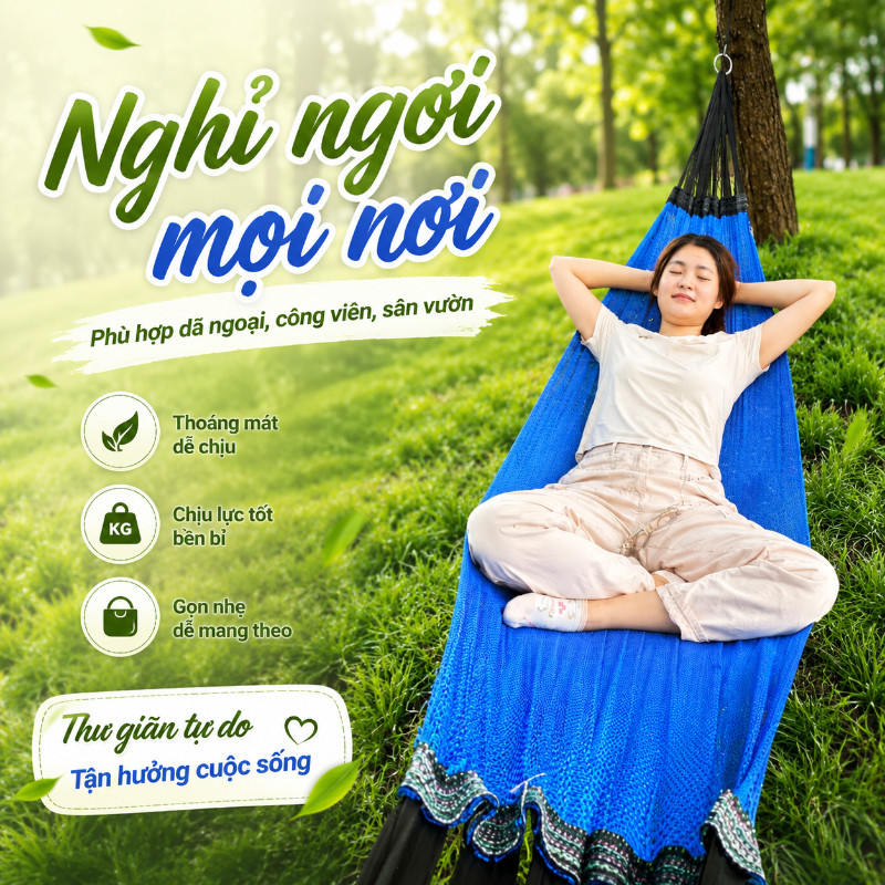 Võng Lưới Xếp Du Lịch Dã Ngoại Cán Thép – Lưới Võng Gấp Gọn, Không Dãn, Chịu Tải 250kg, Nhanh Khô