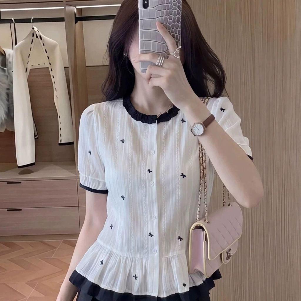 [Giảm giá trong thời gian có hạn] Áo sơ mi ngắn tay thêu nơ thời trang màu sắc tương phản, Áo len Cardigan thời trang giảm tuổi phong cách mới mùa hè 2026