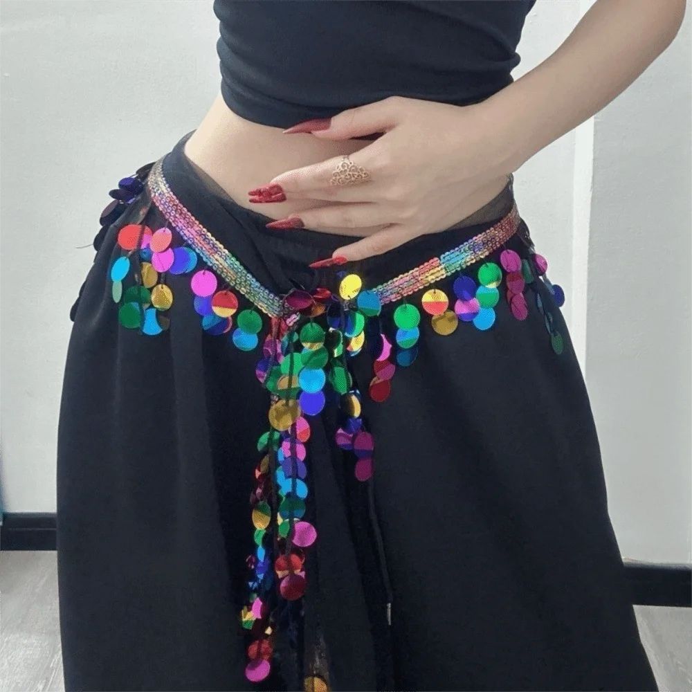 TRACEILLOIAN Tua Rua Quấn Eo, Lưới Đế Vải Có Thể Điều Chỉnh Dây Buộc Sequin Hip Khăn, Hip Hop Tua Rua Dài Viền Bất Đối Xứng Cắt Cymbal Kim Sa Lấp Lánh Sân Khấu Dây Xích Eo Hiệu Suất Kpop