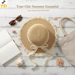 < YEI > Mũ rơm vành rộng rỗng dành cho nữ Mũ chống nắng ren thanh lịch cho kỳ nghỉ bên bờ biển ngoài trời Du lịch mùa hè Mới