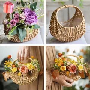 Giỏ hoa bé gái GAVESTO, Giỏ cắm hoa chắc chắn màu vàng, Hộp đựng mây liễu nhỏ có tay cầm Hộp đựng dã ngoại Giỏ nửa trăng đám cưới