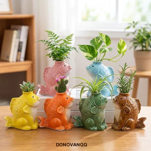 Chậu trồng cây mọng nước bằng gốm DONOVANQQ, Bình hoa trang trí độc đáo hình cá, Chậu cây mô phỏng thủ công nghệ thuật Mini Trang trí văn phòng