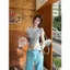 Áo thun ngắn tay gạc xanh ngọt ngào Hàn Quốc dành cho nữ mùa hè Slim-Fit Thiết kế đẹp Top nhỏ độc đáo