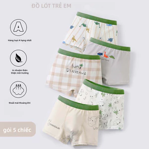 Đồ lót bé trai 5 mảnh, sử dụng vải Cotton Modal loại A, in họa tiết khủng long, sử dụng bốn kim sáu sợi may, thoáng khí thoải mái.