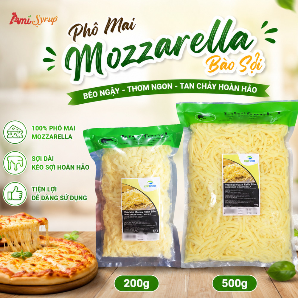 Phô Mai Mozzarella Bào Sợi Kiwifood 200g và 500g Béo Ngậy, Kéo Sợi Đẹp Tiện Lợi Chế Biến