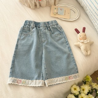 Mùa Hè Mỏng Phong Cách Thoáng Khí Bé Gái Denim Crop Quần Bé Gái Ren Trang Trí Co Giãn Eo Trẻ Em Rời Quần Thường Ngày