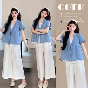 Bộ đồ bà bầu Mùa hè Nấm cạnh dáng rộng Áo sơ mi em bé + Quần ren Bộ đồ hai mảnh