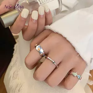AqToCna Đầy Màu Sắc Hoa Ngôi Sao Nhẫn Dopamine Mở Có Thể Điều Chỉnh Dầu Thả Ngón Tay Nhẫn Nữ Tay Trang Sức Nữ Cô Gái Món Quà Hoàn Hảo AqToCna