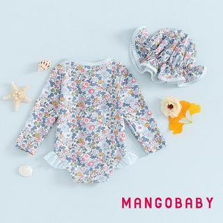 MG-Baby Girl Rash Guard Đồ bơi dài tay in hoa Bộ đồ tắm cho trẻ sơ sinh Đồ bơi có mũ chống nắng nơ
