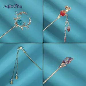 AqToCna Vintage Phong Cách Trung Hoa Hanfu Tóc Sti Nữ Kim Loại Men Tóc Nĩa Kẹp Tóc AqToCna
