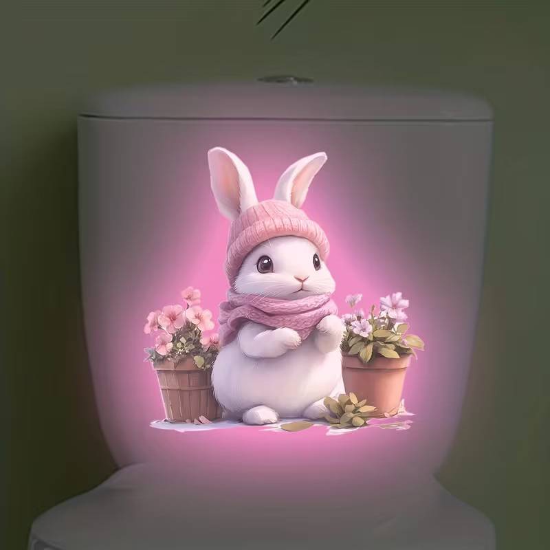 {BUDDI} Decal nắp bồn cầu hình thỏ hoa phát sáng trong bóng tối Decal tự dính Nhà vệ sinh có thể tháo rời Stier Tường Stier Trang trí phòng tắm tại nhà {buddingenergy}
