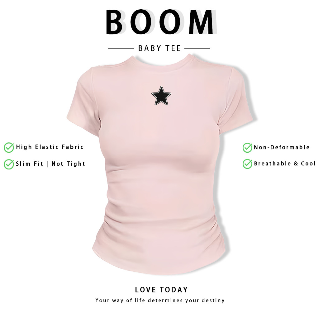 BOOM Áo Baby Tee Nữ Cotton Ôm Body-Áo Thun Ngắn Tay Y2K In Hình PhongCách Mùa Hè, Cổ Tròn Hàng Đầucách hàn quốc phongX44