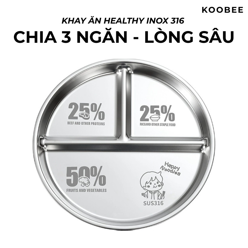 Đĩa Inox 316 Chia 3 Ngăn KOOBEE 23cm – Khay Ăn Dặm Khẩu Phần Ăn Healthy Chống Rơi Vỡ Cho Bé & Gia Đình | 392