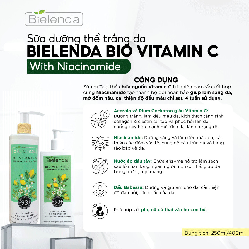 Sữa dưỡng thể Bielenda Bio Vitamin C dưỡng trắng, bảo vệ da toàn diện - 250ml/400ml