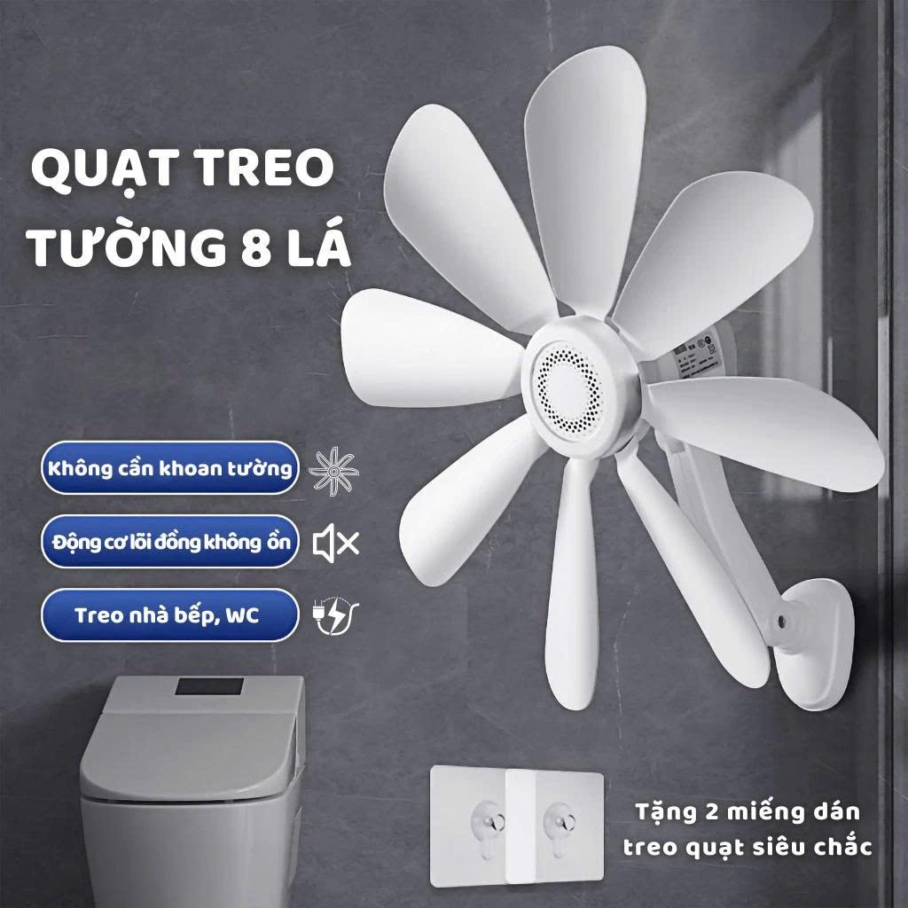 Quạt Treo Tường Nhà vệ Sinh, Phòng Tắm, Nhà Bếp 8 Cánh Không Tiếng Ồn Xoay 360 Độ, Kèm Miếng Dán