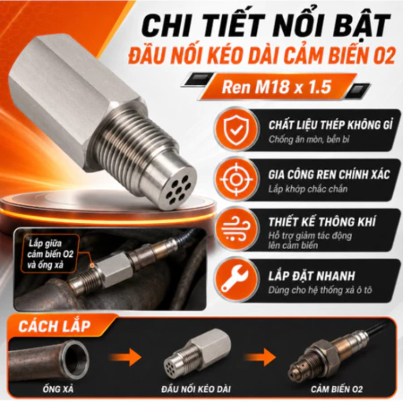 Bộ Chuyển Đổi Cảm Biến Oxy - Giải Pháp Xử Lý Lỗi Đèn Động Cơ, Chất Thép Không Gỉ & Độ Bền Vượt Trội