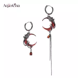 AqToCna 1 Cái / Cặp Bông Tai Bất Đối Xứng Mặt Trăng Đỏ Cá Tính Hip-Pop Gothic Mở Nhẫn Cá Tính sel Dây Xích Bông Tai Trang Sức Quà Tặng AqToCna
